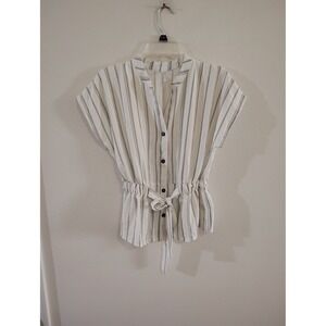 3rd + Malt Women White Black Striped Button Front Peplum Blouse Top Small